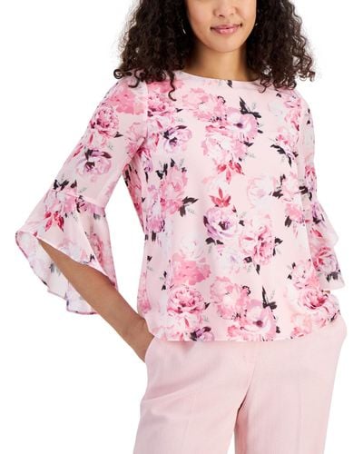 Kasper Floral-print Ruffled-sleeve Boat-neck Top - Pink