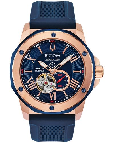 Bulova Men's Marine Star Heartbeat Automatic Silicone Strap Watch - Blue