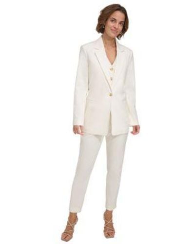 DKNY Notched Lapel Single Button Blazer Button Down Halter Vest Slim Fit Bootcut Pants - White
