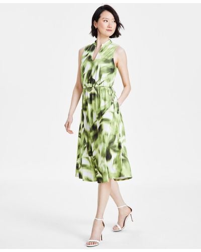 Anne Klein Jenna Blurry-print Drawstring-waist Dress - Green