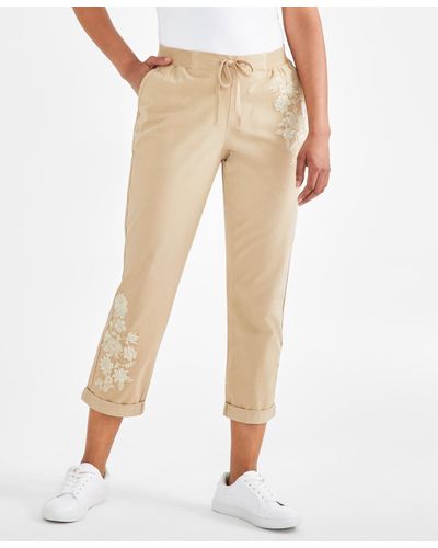 Style & Co. Petite Floral-embroidered Twill-tape Pants - Natural