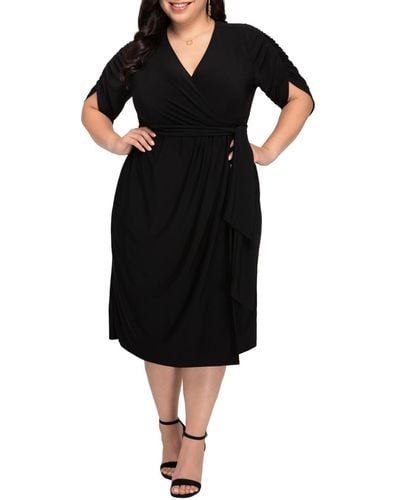 Kiyonna Plus Size Eden Midi Faux Wrap Dress - Black