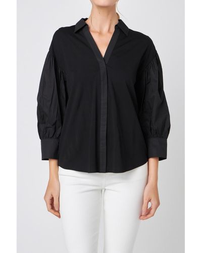 English Factory V-neckline Puff Sleeve Shirt - Black