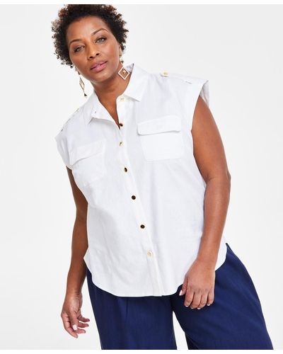 INC International Concepts Plus Size Linen-blend Sleeveless Utility Shirt - White
