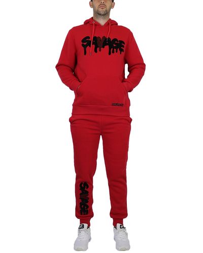 Galaxy By Harvic Fleece-lined Pullover Hoodie And jogger Sweatpants - Red