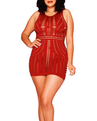 HAUTY Tinsley Chevron Plus Size Mesh Seamless High Neck Mini Dress - Red