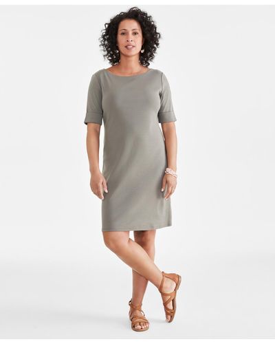 Style & Co. Cotton Boat-neck Elbow-sleeve Dress - Gray