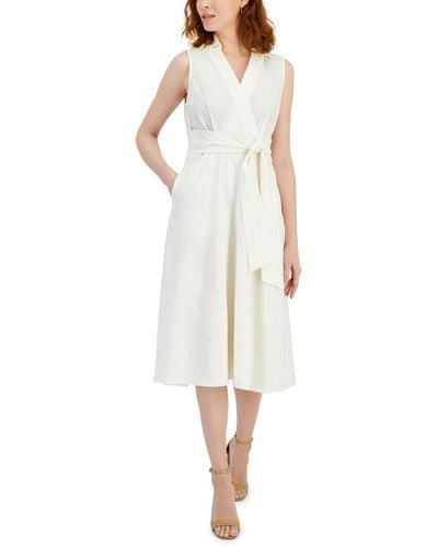 Tahari Faux-wrap Linen Midi Dress - White