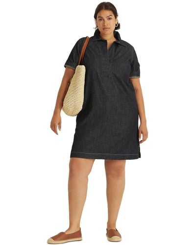Lauren by Ralph Lauren Plus Size Short-sleeve Denim Cotton Shift Dress - Black