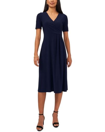 Msk Petite V-neck Short-sleeve Faux-wrap Midi Dress - Blue