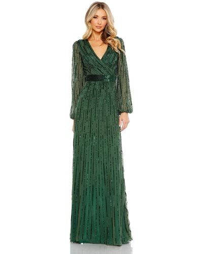Mac Duggal Sequined Wrap Over Puff Sleeve Gown - Green