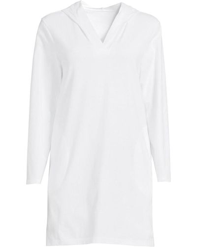 Lands' End Plus Size Cotton Jersey Long Sleeve Hooded Swim Cover-up Dress - White