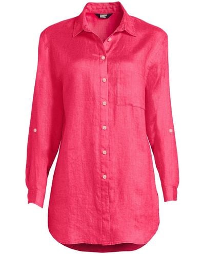 Lands' End Plus Size Linen Roll Sleeve Over D Relaxed Tunic Top - Pink