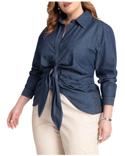 Eloquii Plus Size Tie Front Collared Blouse - Blue