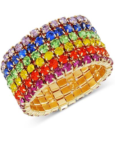 Guess Gold-tone Rainbow Rhinestone Multi-row Stretch Ring - Multicolor