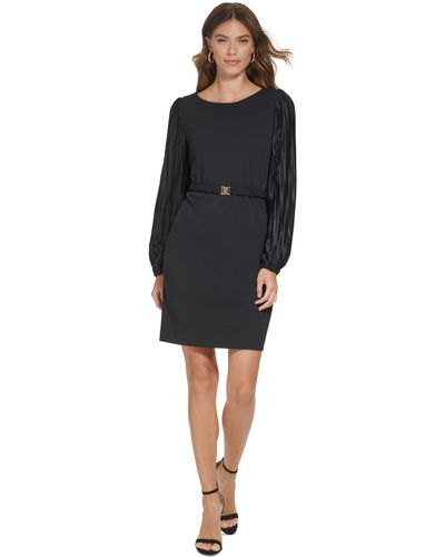 DKNY Pleated-sleeve Round-neck Belted Dress - Black