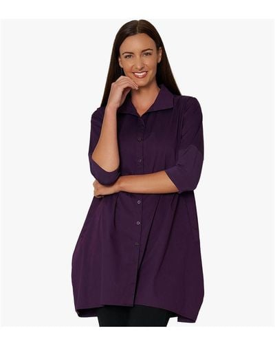 Stella Carakasi 3/4 Sleeve Button-front Cotton Poplin Shirt Top Tiburon Tunic Icon - Purple