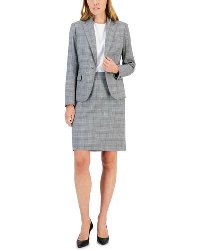 Anne Klein Glen Plaid Single-button Skirt Suit - Blue