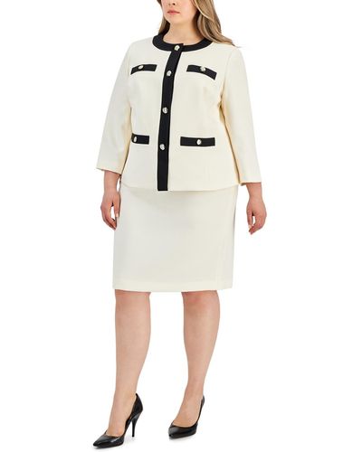 Le Suit Plus Size Tweed Framed Four-pocket Skirt Suit - White