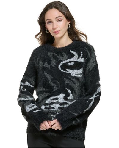 DKNY Long-sleeve Textured Tiger-eye Sweater - Black