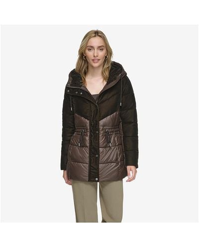 Andrew Marc Varna Velvet Mixed Quilted Puffer Jacket Within Attached Hood - Brown