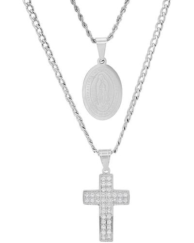 Steeltime 2 Pieces Stainless Steel And Simulated Diamonds Double Layered Cross And Our Lady Of Guadalupe Pendant Set - White