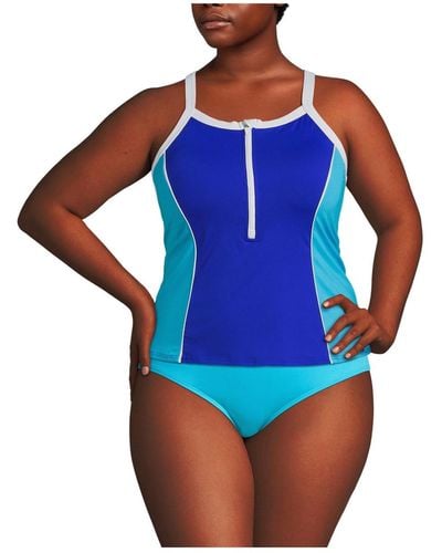 Lands' End Plus Size Chlorine Resistant High Neck Zip Front Racerback Tankini Swimsuit Top - Blue