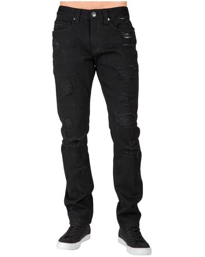 Level 7 Slim Straight Fit Denim Ripped Distressed Jeans - Black