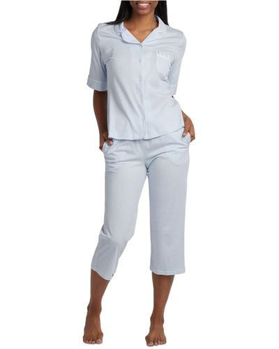Miss Elaine Short-sleeve Notch Collar Top And Pajama Pants Set - Blue