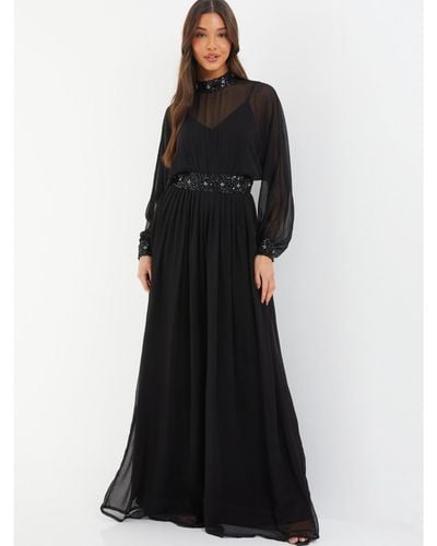 Quiz Chiffon Sequin Trim Evening Dress - Black