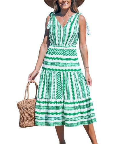 CUPSHE Green & White Geo Stripe Shoulder Tie Midi Beach Dress