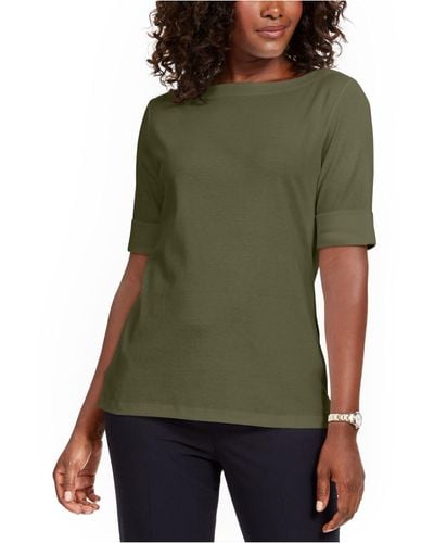 Karen Scott Petite Cotton Elbow-sleeve T-shirt, Created For Macy's - Green