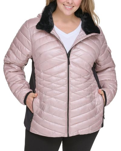 Calvin Klein Performance Plus Size Hooded Faux-fur-trim Quilted Coat - Pink