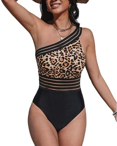 CUPSHE Mesh One Shoulder One Piece Swimsuit - Black