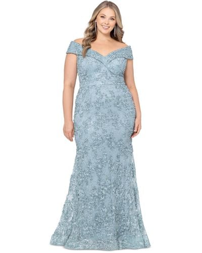 Xscape Plus Size Embellished Lace Off-the-shoulder Gown - Blue