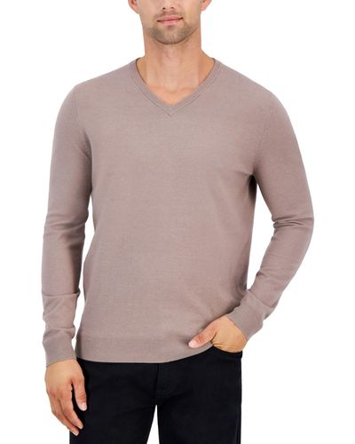 Alfani Solid V-neck Cotton Sweater - Gray