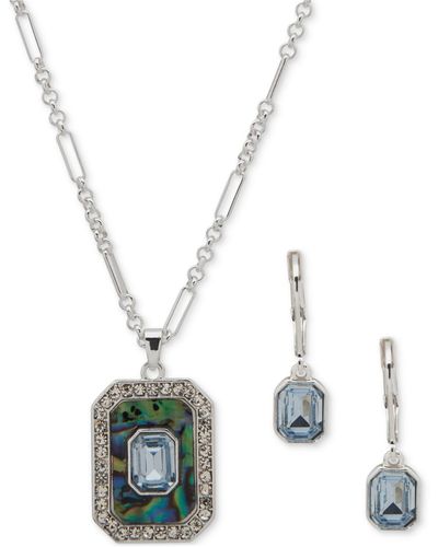 Anne Klein Silver-tone Crystal Emerald-cut Pendant Necklace & Earrings Set - White