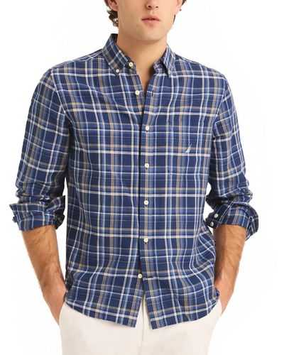Nautica Classic-fit Linen-blend Plaid Long-sleeve Shirt - Blue