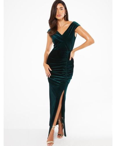 Quiz Velvet Bardot Ruched Maxi Dress - Blue