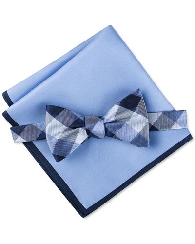 Tommy Hilfiger Buffalo Check Bow Tie & Solid Pocket Square Set - Blue