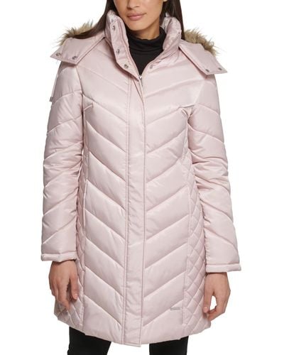 Kenneth Cole Petite Faux-fur-trim Hooded Puffer Coat - Red