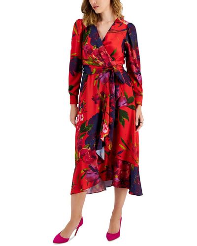 Tahari Floral Faux-wrap Long-sleeve Midi Dress - Red