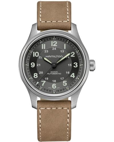 Hamilton Swiss Automatic Khaki Field Brown Leather Strap Watch 42mm - Gray