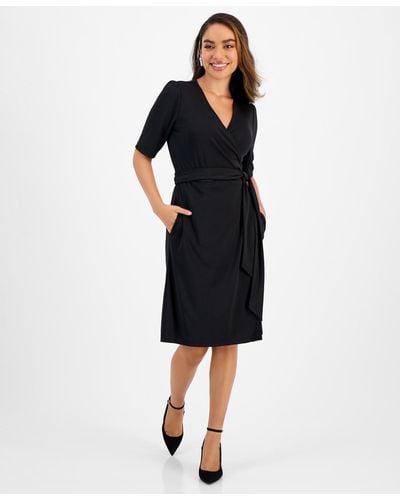 INC International Concepts Petite Elbow-sleeve Wrap-style Dress - Black