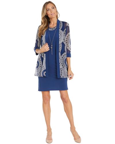 R & M Richards Petite Lace-print Mesh Jacket And Contrast-trim Sleeveless Dress - Blue