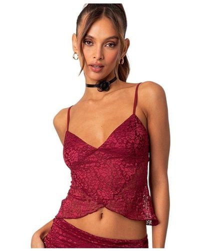 Edikted Crossover Sheer Lace Tank Top - Red