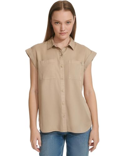 Calvin Klein Petite Button-front Cap-sleeve Shirt - Natural