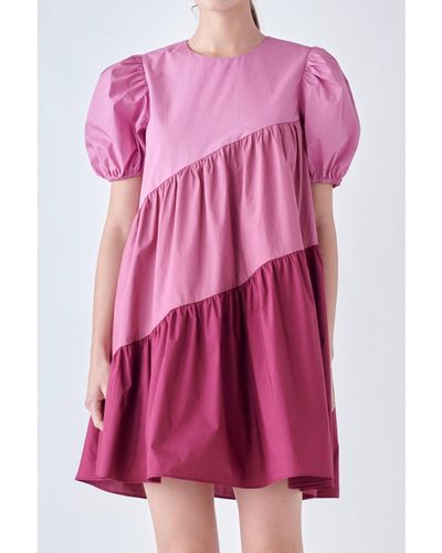 English Factory Asymmetrical Colorblock Puff Sleeve Dress - Pink