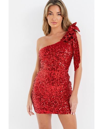 Quiz Bow One-shoulder Sequin Bodycon Dress - Red