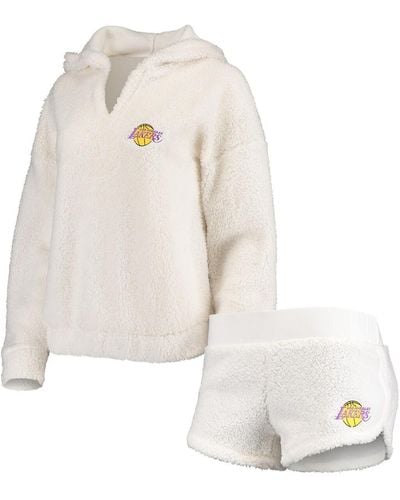 Concepts Sport Los Angeles Lakers Fluffy Long Sleeve Hoodie Top And Shorts Sleep Set - White